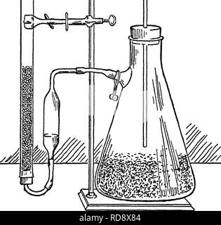 . Un manuel de laboratoire de bactériologie du sol. La microbiologie des sols. 150 BACTÉRIOLOGIE DU SOL en inclinant la fin de l'introduire dans la fiole et en injectant de l'eau de lavage à l'perles. Le lavage doit être re- tourbé jusqu'à ce que toute trace d'alkaU ont disparu. Placez quelques gouttes sur un verre contenant de la phénolphtaléine. S'il n'y a pas de changement de couleur, le lavage est terminé. V. Fig. 10.-appareil de détermination dioxid de carbone. Évitez d'utiliser une trop grande quantité d'eau pour chaque lavage, sinon le volume de liquide à titrer sera très grand. iVo/e.-carbone-dioxid-libre de l'eau peut être préparé par la dra Banque D'Images