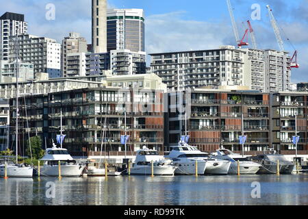 Les immeubles à appartements construit juste à côté de l'amarrage bateau à Auckland Viaduct Harbour centre-ville. Banque D'Images