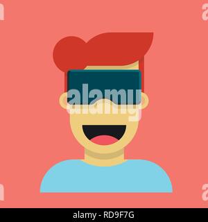 Excitée jeune en casque de réalité virtuelle. Drôle de personnage isolé sur couleur corail. Illustration de Vecteur