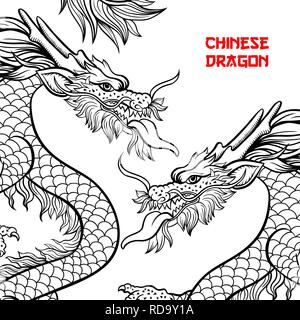 Deux dragons chinois hand drawn vector illustration. Créature mythique stylo encre croquis. Clipart noir et blanc. Serpent dessin libre. L'élément de conception mythique monochrome isolé. L'affiche du nouvel an chinois Illustration de Vecteur