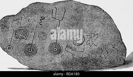 . L'histoire de Victoria du comté de Cumberland. L'histoire naturelle. "..^-^. Une HISTOIRE DE CUMBERLAND non commerçante qui du côté ouest de l'kistvaen, H est de deux pieds huit pouces de longueur, j'ai est de trois pieds de long, et un pied huit pouces de haut. Sur ces pierres sont diverses figures emblématiques dans rude sculpture, bien que certains de ces cercles sont exactement formé, et les bords et traverse l'intérieur de ceux-ci sont coupés en relief. Nous reproduire, de Fergusson est impoli monuments de pierre, l'une des deux pierres, de sorte que leur similitude avec les pierres à l'ancienne parcs nationaux est à la fois vu. Grands Rooke prend les cercles jusqu' Banque D'Images