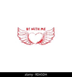 Vous aimez vecteur croquis illustration couleur. Ailes d'ange et dessiné à la main fleur rose clipart isolé. Dating et romance doodle silhouette. Carte de voeux saint valentin coeur ailes Illustration de Vecteur