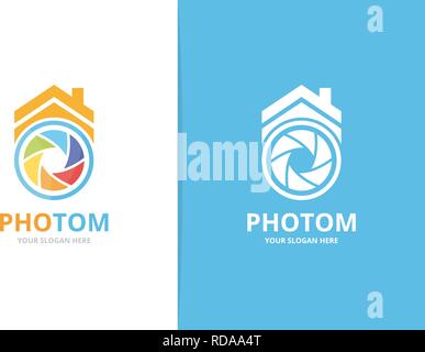 Vector et l'obturateur de l'appareil photo logo immobilier combinaison. Objectif et symbole de la chambre ou de l'icône. Unique photo et modèle de conception de logo de loyer. Illustration de Vecteur