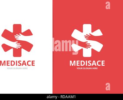 Logo vectoriel et les mains d'ambulance combinaison. Medic et hug Symbole ou icône. D'urgence unique et embrasser la conception logo modèle. Illustration de Vecteur