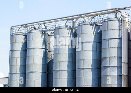 Silos agricoles. Extérieur du bâtiment. L'entreposage et le séchage de céréales, blé, maïs, soja, tournesol contre le ciel bleu avec des nuages blancs Banque D'Images