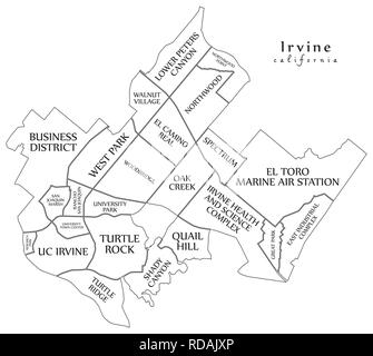 Plan de la ville moderne - Irvine Californie ville des États-Unis avec des titres et des quartiers contour plan Illustration de Vecteur