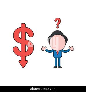 Vector illustration confondu businessman personnage avec symbole du dollar en descente. Couleur et contours noirs. Illustration de Vecteur