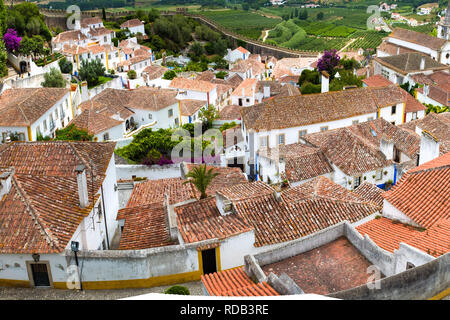 Maisons blanches avec des tuiles en terre cuite dans village touristique Obidos Banque D'Images