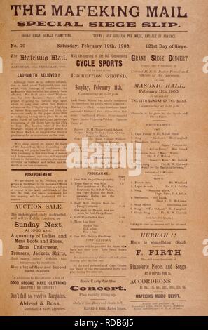Le Mafeking Mail. Le Mafeking Mail. Mafeking, 1900. Première page du courrier, Mafeking siège spécial. N°70, Samedi, Février 10th, 1900. 121e jour de siège. Image tirée du Mafeking Mail. Publié à l'origine/produit à Mafeking, 1900. . Source : Colindale,. Banque D'Images