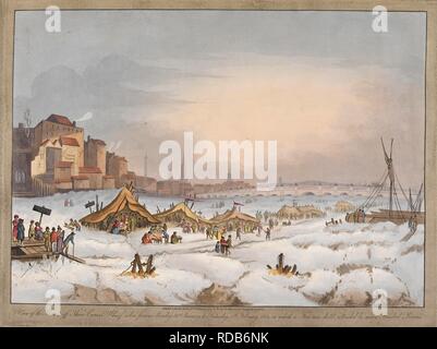 Vue sur la Tamise au large de trois grues Wharf lorsque congelé, du lundi 31 janvier au samedi 5 février 1814, sur lequel un procès équitable a eu lieu, à laquelle ont participé des centaines de personnes. La Tamise gelée, recouverte avec des monticules de neige ; tentes et des chiffres sur la glace ; trois grues quai sur la rive opposée dans le coin supérieur gauche. . Vue sur la Tamise au large de trois grues Wharf lorsque congelé, du lundi 31 janvier au samedi 5 février 1814, sur lequel un procès équitable a eu lieu, à laquelle ont participé des centaines de personnes. [Paris] : publié dans la loi 18 février 1814 par Hudson & Burkitt 85, Cheapside, Londres., [Février Banque D'Images