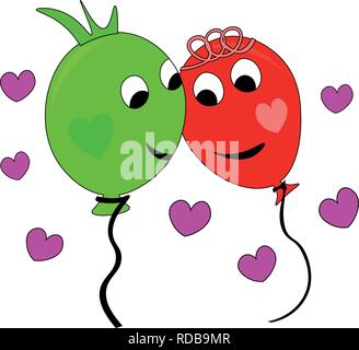 Heureux couple de ballons colorés dans l'amour, le vert et le ballon rouge, des coeurs autour, célébrer la Saint-Valentin Illustration de Vecteur