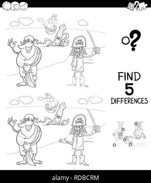 Illustration Cartoon noir et blanc de trouver cinq différences entre les photos, jeu éducatif pour enfants avec drôle de Coloriage Pirates Illustration de Vecteur