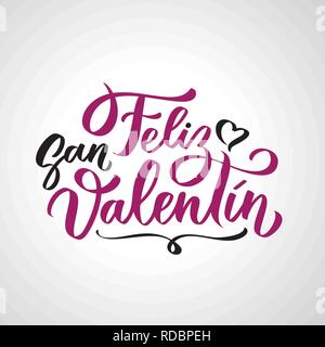 Feliz San Valentin lettres manuscrites sur l'espagnol le jour de Valentines. Texte calligraphié en noir, typographie en deux couleurs isolé sur fond blanc. Illustration de Vecteur