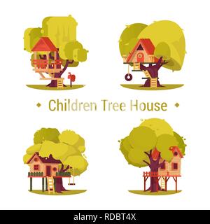 Ensemble de maisons isolées pour les enfants dans les arbres. Illustration de Vecteur
