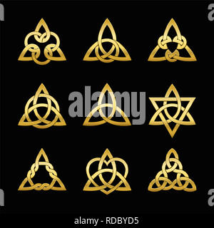 Triangle celtique nœuds. 9 symboles utilisés pour la décoration d'or ou d'or pendentifs. Variétés de corbeille noeuds sans fin. Banque D'Images