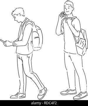 Hommes debout à l'aide de smart phone exerçant son sac à dos, hand drawn vector illustration style design. Illustration de Vecteur