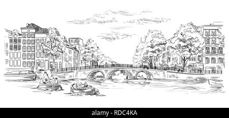 Pont sur les canaux d'Amsterdam, Pays-Bas. Monument de Pays-bas. Dessin vectoriel illustration en couleur noir isolé sur blanc backgroun Illustration de Vecteur