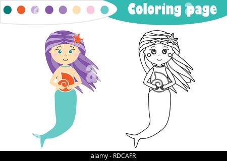 Sirène de style cartoon, coloriage, jeu de papier de l'éducation pour le développement des enfants, pour les enfants, activité préscolaire version feuille, vector Illustration de Vecteur