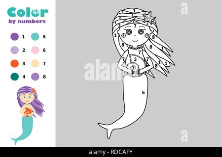 Sirène de cartoon style, couleur, en nombre, de l'éducation jeu de papier pour le développement de l'enfant, coloriage, pour les enfants, activité préscolaire version wor Illustration de Vecteur