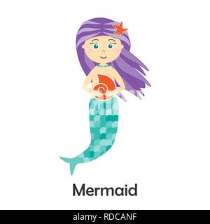 Sirène de style cartoon, carte marine pour enfant d'âge préscolaire, activité pour enfants, vector Illustration de Vecteur