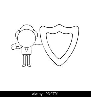 Vector illustration businessman holding guard shield et caractère giving Thumbs up. Contour noir. Illustration de Vecteur