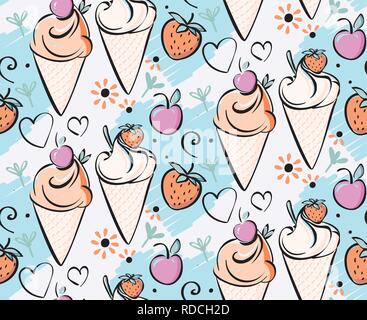 Avec la crème glacée fraise, cerise. Creame rose rouge, bleu, contour noir dessin fait à la main pour les enfants, adultes, caffee, snack-bar Illustration de Vecteur