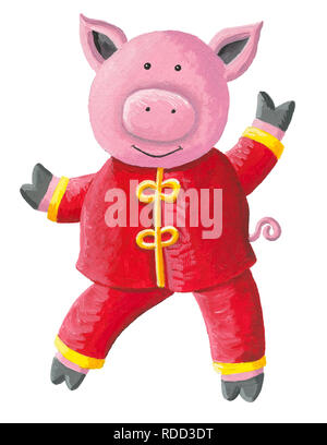 Illustration de l'acrylique mignon petit cochon character design avec des vêtements traditionnels chinois. Le Nouvel An chinois 2019. Banque D'Images