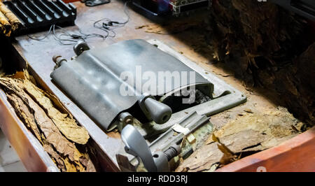 Rouler un cigare à l'intérieur de la machine une fabrique de cigares. Fabrication artisanale de cigares à l'usine de tabac. Faire un cigare de feuille de tabac Banque D'Images