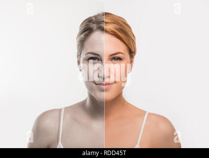 Portrait d'une femme avec et sans retouche retouchée est divisée en la moitié de la face. Banque D'Images