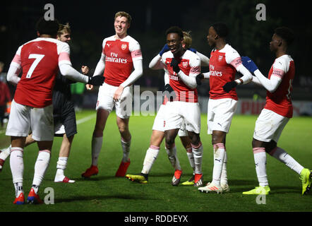 Manchester, Angleterre - 17 janvier : Folarin Balogun Arsenal de célébrer son but durant la jeunesse FA Quatrième ronde match entre Arsenal et Tottenham Hotspur à Meadow Park Stadium sur 17 janvier 2019 à Manchester, Royaume-Uni. Action Sport Crédit photo FA Premier League Ligue de football et les images sont soumis à licence DataCo usage éditorial seulement aucune utilisation non autorisée avec l'audio, vidéo, données, listes de luminaire (en dehors de l'UE), club ou la Ligue de logos ou services 'live'. En ligne De-match utilisation limitée à 45 images ( +15 en temps supplémentaire). Aucune utilisation d'émuler des images en mouvement. Aucune utilisation de pari, de jeux ou de club unique Banque D'Images