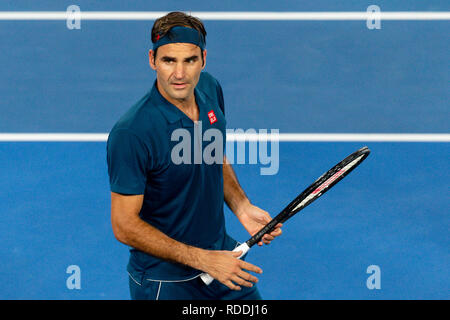 Melbourne, Australie. 18 janvier, 2019. À partir de la suisse Roger Federer au cours de son 3ème match à l'Australian Open 2019 Tournoi de tennis du Grand Chelem à Melbourne, Australie. Frank Molter/Alamy live news Banque D'Images
