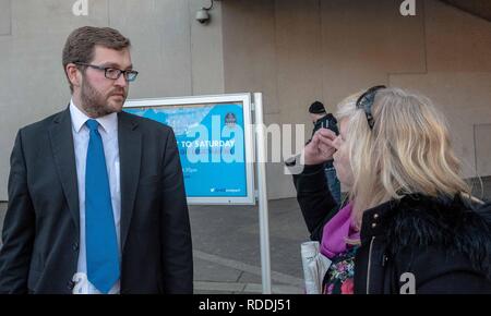 Edinburgh, Lothian, UK. 17 Jan, 2019. Un manifestant vu interroger et conservateur écossais du Parti unioniste Oliver Mundell pour MSP sur Brexit Dumfriesshire au cours de la protestation. Les manifestants se sont réunis à l'extérieur de bâtiment du parlement écossais à Édimbourg pour protester Brexit et à faire pression pour un deuxième référendum sur l'indépendance. Crédit : Stewart Kirby/SOPA Images/ZUMA/Alamy Fil Live News Banque D'Images