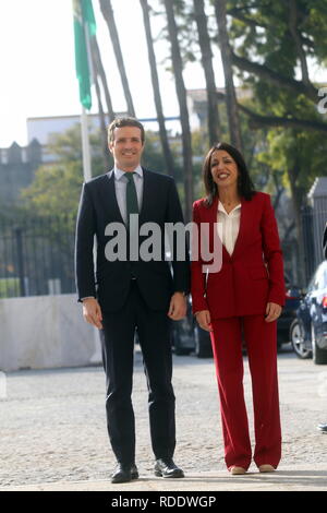 18 janvier 2019 - 18 janvier (Séville, Andalousie) Le Malaga-né Juanma Moreno (PP) a prêté serment ce vendredi que le président de la Junta de AndalucÃ-a - après avoir été investi le mercredi dans le parlement régional avec les voix du parti populaire, les citoyens et Vox.a prêté serment lors d'un événement institutionnel au Parlement dans lequel il a été enveloppé par le président de la PP, Pablo Casado, l'ex-président du gouvernement et les PP Mariano Rajoy, l'ancien vice-président du gouvernement Soraya SÃ enz¡SantamarÃ de-a et le président de la Xunta de Galicia, Alberto NÃºÃ±ez FeijÃ³o, Amon Banque D'Images