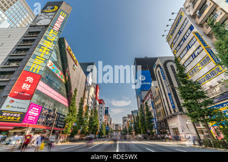 Tokyo, 5 août 2018 : Motion Blurred personnes marchant sur les rues de Tokyo en fin de semaine. Hi-tech et d'animation maga magasins panneaux dans Akihabara Electri Banque D'Images