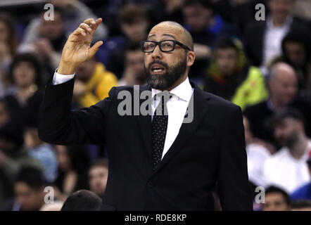 Les Knicks de New York l'entraîneur-chef David Fizdale au cours de la NBA 2019 Jeu de Londres à l'O2 Arena, Londres. Banque D'Images