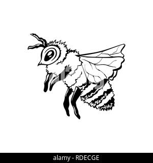 Honey Bee, Contours Logo Design. Vecteur isolé. L'élément gravé noir. Illustration de style vintage Flying Wasp Illustration de Vecteur