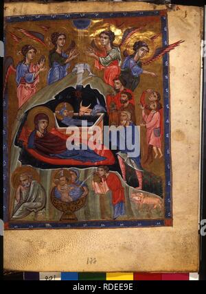 La Nativité du Christ (Manuscript illumination du Matenadaran Evangile). Mesrop Machtots : Musée de l'Institut des anciens manuscrits Maténadaran (), Erevan. Auteur : Maître de Codex Maténadaran. Banque D'Images