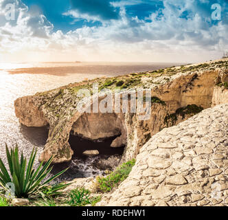 Grotte bleue, Malte. Arche de pierre naturelle et grottes marines et agave en premier plan. Vue sur la mer fantastique sur l'île de Malte. Banque D'Images