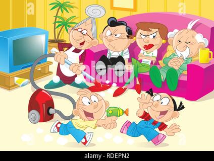 L'illustration montre la reconstitution de la famille avec les parents et les enfants. La famille est dans la pièce où les enfants jouent, les adultes regardent la télévision Illustration de Vecteur