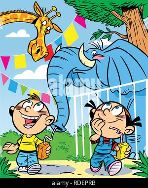 Dans l'illustration, funny boy and girl walking in the zoo et voir animaux d'Afrique. En fait l'illustration cartoon style. Illustration de Vecteur