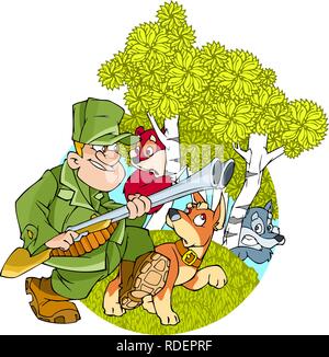 Hunter avec un fusil et un chien va dans les bois. Illustration de Vecteur