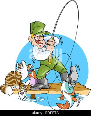 L'illustration montre un homme qui est la pêche de la pêche. Près de son chat vole un poisson. L'illustration est faite dans un style de dessin animé. Illustration de Vecteur
