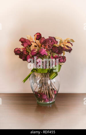 Fleurs séchées roses rouges dans un vase en verre avec ruban vert Banque D'Images