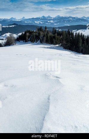 Aussicht im Winter auf die Berner Alpen vom Aebersold, Linden, Schweiz Banque D'Images