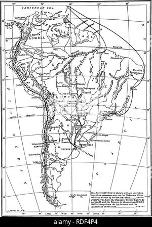 . Grâce à la nature sauvage du Brésil. Roosevelt-Rondon expédition scientifique (1913-1914) ; Zoologie. Carte montrant l'ensemble de voyage d'Amérique du Sud du Colonel Roosevelt et les membres de l'expédition. Veuillez noter que ces images sont extraites de la page numérisée des images qui peuvent avoir été retouchées numériquement pour plus de lisibilité - coloration et l'aspect de ces illustrations ne peut pas parfaitement ressembler à l'œuvre originale.. Roosevelt, Théodore, 1858-1919. New York, C. Scribner's Sons Banque D'Images