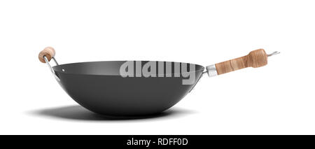 Chinese cuisine asiatique. Wok vide avec manches en bois isolé sur fond blanc. 3d illustration Banque D'Images