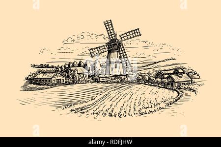 Paysage rural de croquis. Ferme, moulin à vent et terrain. Vintage vector illustration Illustration de Vecteur