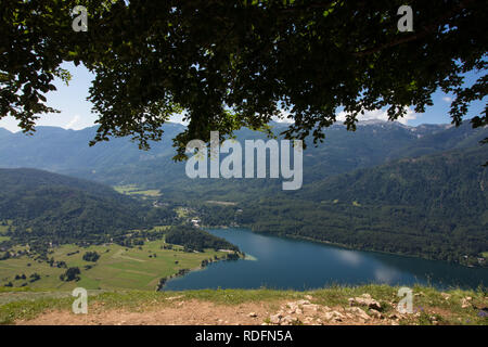 Le lac de Bohinj feuilles jeter de la montagne de Vogar Banque D'Images