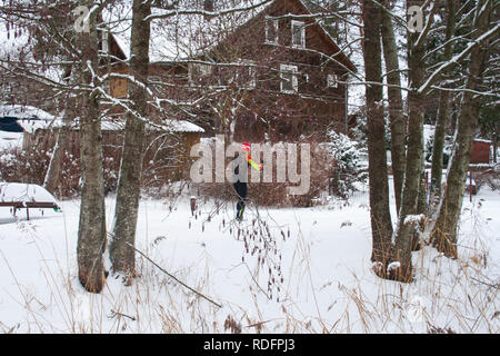Maison en bois sur le lac gelé, bateau, arbres, roseaux et couverte de neige, les gens ski Banque D'Images