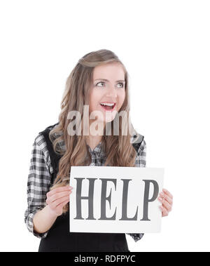 Jeune femme d'affaires montrant une feuille qui dit aider Banque D'Images